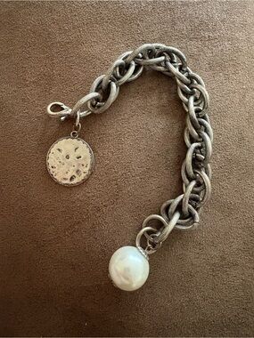 Silver Link Bracelet with Pearl Charm - Unbranded